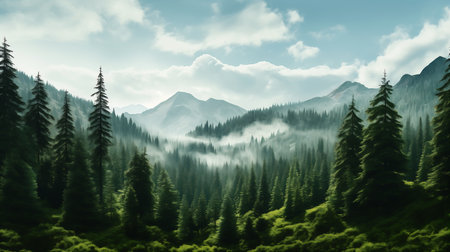 mountain trees clouds transparent panoramic misty forest evergreen grass tone mapping, generative aiの素材
