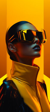 closeup woman wearing sunglasses leather jacket ash yellow orange clothing magazine sleek visor princess, generative aiの素材