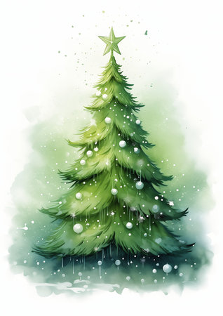 tree snow grey background green color profile tall sticker bright star rain little, generative aiの素材