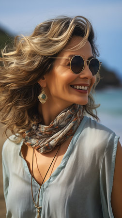 woman sunglasses scarf beach luxurious neckless glass facial muscles sales wearing long fabric age marks campaign looking shoulder warm smile young, generative aiの素材