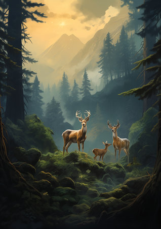 three deer forest mountain background soft lighting album cover middle full body bright music paid assets promotional, generative aiの素材