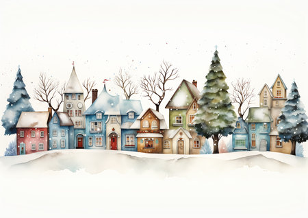 town tree illustration header small scandinavian houses happy textures cute cartoon, generative aiの素材