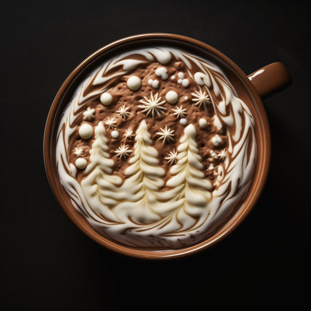 cup hot chocolate marshmallows trees transparent liquid smoke twisting fine stippled lighting lots swirling, generative aiの素材