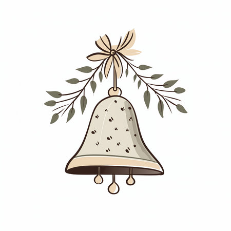 bell hanging tree branch bow illustration beige color joyous bug wearing cute little hat small finely stippled light listing folklore, generative aiの素材