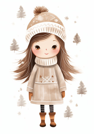 girl wearing hat coat standing snow sticker long hair grey skin frost clings full body doll hand autumn wind good young dull colors whitespace, generative aiの素材
