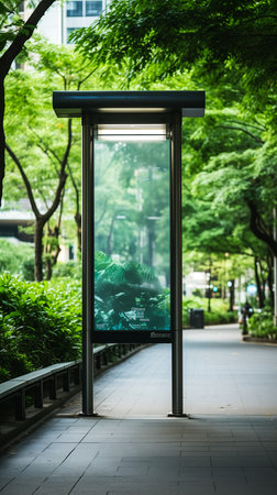 bus stop glass door side japan forest octan advertising rectangular piece interconnected human large vertical blank spaces light green aquarium photosynthesis, generative aiの素材