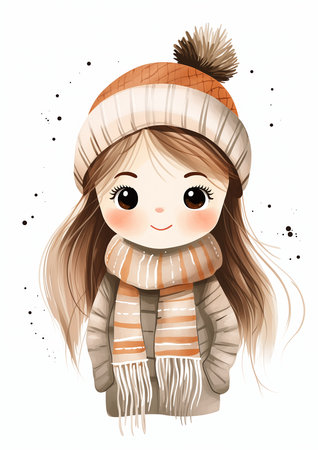 cartoon girl wearing winter hat scarf shape face body cold pure color background smiling pose little portrait small soft coloring test busy people, generative aiの素材