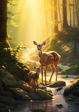 two deer standing woods stream centered rim lighting small animals sunbeams background depths joy, generative aiの素材