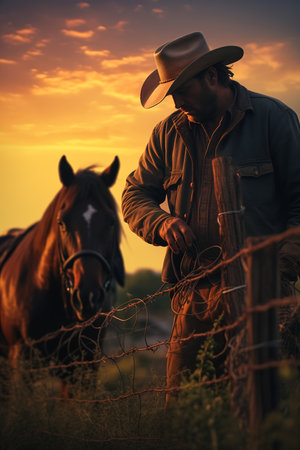 man standing next horse behind fence product manliness given form sitting mans fingertip interconnections golden hours, generative aiの素材