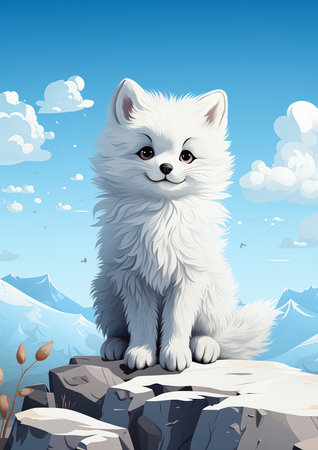 white dog sitting rock mountains best sticker fluffy cloud duplicate fox bright gray background smiling face cute, generative aiの素材