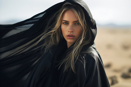 woman black cape head gorgeous female city weaving desert beside gulf hooded cloaked warlock lord thus spoke short blond hair goddess love bewitching eyes shawl, generative aiの素材