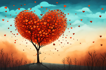 tree hearts shape heart illustration front orange background red new love promotional wind blowing leaves anomalies, generative aiの素材