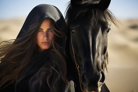 woman long hair hood head standing next horse models black blue eyes twin souls somewhere sands desert dressed portrait stealthy two frame model wanderer duplicate, generative aiの素材