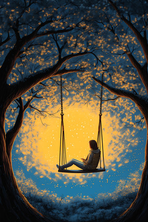 person sitting swing illustration radiating floating trees science magazine cover emotional release illustrator displacement, generative aiの素材