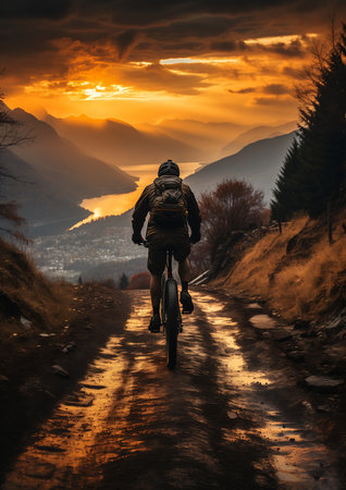 man riding bike down dirt road sunset background scotland sun rises two mountains magazine wherever zoomed out fjords scenery filters stunning skied begin again, generative aiの素材