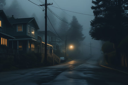 street houses car night moody environment city early morning gloomy weather location minimalism nighttime, generative aiの素材