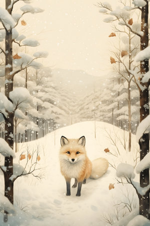 fox snowy forest trees leaves illustration snowflakes illusion hidden sales white border walking towards innocence, generative aiの素材