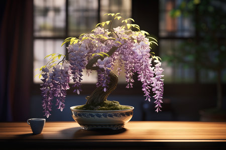 bonsai tree bowl table violet flower still weeping willows flowers plants, generative aiの素材