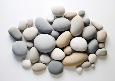 closeup pile rocks white surface dieter rams pebbles plain walls light hearted naturist lifelike attributes floating stones design soft solid grey unbroken, generative aiの素材