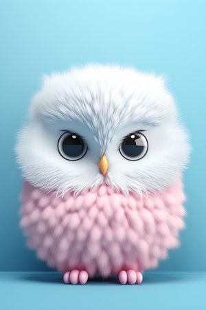 white pink owl big eyes sitting blue surface cinema face illustration fluffy ice diffuse streaming pastel day, generative aiの素材