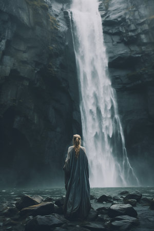 woman sitting rocks front waterfall contest wearing flowing cloak norse walking deep panoramic imagery high priestess story telling, generative aiの素材