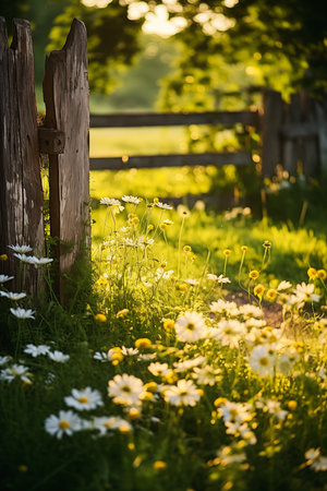 wooden fence next flowers sun lots little daisies magical portal gateway brilliant dawn gentle green light pale yellow walls good night, generative aiの素材