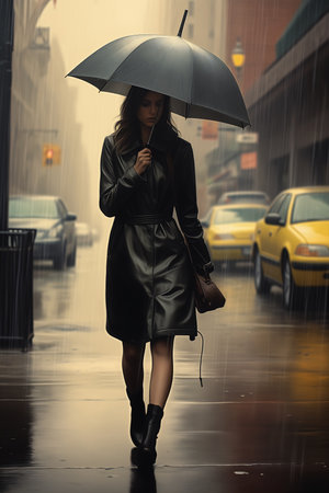 woman walking rain umbrella city oil dress damp modern attire lonely girl leather shoes tall person standing front, generative aiの素材