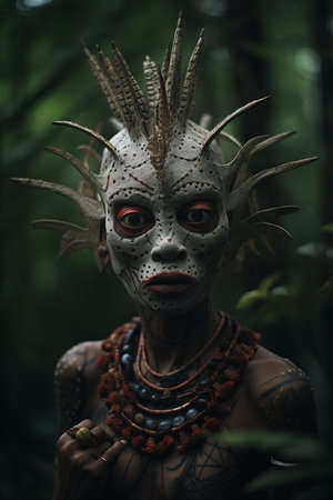 woman headdress necklace ocean dwellers new guinea mud man prosthetics demogorgon interconnected human ritual forest african mask fish stunning, generative aiの素材