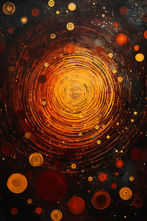 spiral circles dots glimmering orange dawn sparkling nebula swirling golden embers flying red shift metallic surface resin oil frequency, generative aiの素材