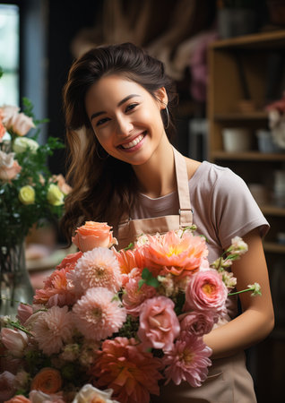 woman holding bouquet flowers flower shop wearing apron body features face happy smiling mixed race gorgeous maid cute girl mine disarmed smile, generative aiの素材