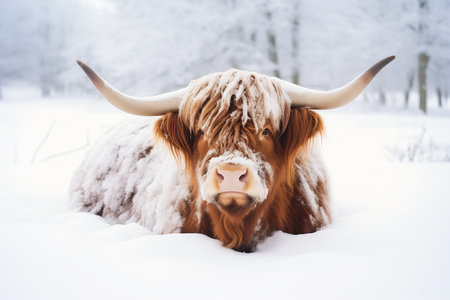 long horned cow laying snow transparent cute furry greeting warmly wearing kilt visibly angry outrageously fluffy warm taurus cowl moloch defiant, generative aiの素材
