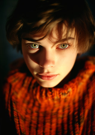 young woman red sweater looking professional portrait girl orange lighting large yellow eyes skinny caucasian man spherical lens year old boy model short straight hair, generative aiの素材