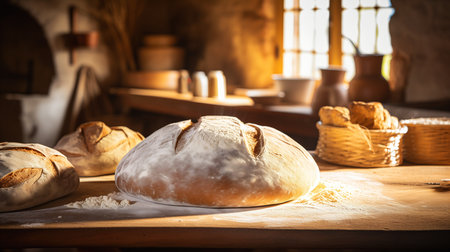 breads table basket bread background serene sephiroth granny bright flour flying amphora, generative aiの素材