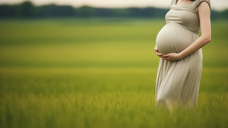 pregnant woman field grass cloudy sky dangerous chemical hazards synthetic bio skin wildlife preservation normal distributions wearing farm clothes sales sterile colors, generative aiの素材