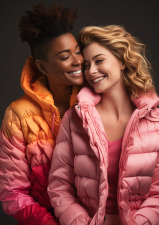 two women jackets smiling hugging product shoot pink skin nubian model wears puffer jacket sales, generative aiの素材