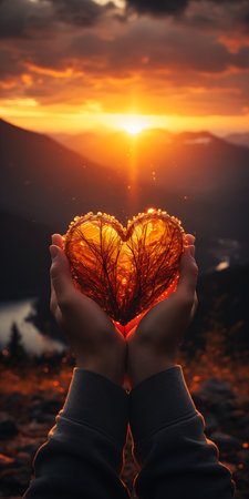 holding heart shaped leaf hands sunset transparent radiating hill changeless amber glow beams sunlight kidney lungs devoted spirit hugs craftsmanship faithful stunningly compassion, generative aiの素材
