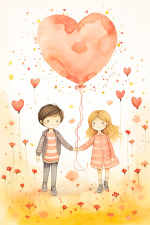 two children holding hands heart balloon illustration cute boy connected drops only red color arms side long distance loving crossed, generative aiの素材