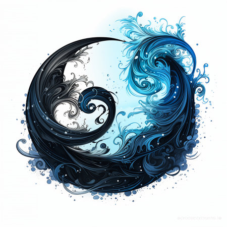 waves particles good evil amazing blue background theme huge black circle whirlpool koi half moon, generative aiの素材
