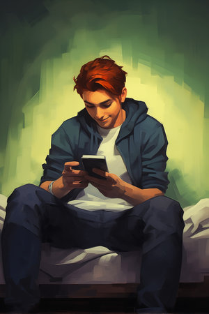 man sitting bed reading book archie hold portrait avatar spider thin long auburn hair, generative aiの素材
