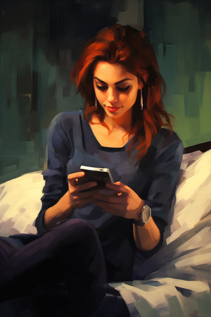 woman sitting bed looking cell phone extremely thin long auburn hair modern attire studies tall playing games dynamic portrait naturalistic technique chase dating, generative aiの素材
