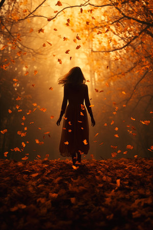 woman walking forest leaves flying air yellow colors floating arcane human silhouette disappearing away exalted, generative aiの素材