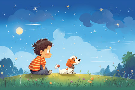 cartoon boy dog sitting hill looking stars book see depicted sky full summer night connecting life cute beagle textbook page time amicable, generative aiの素材