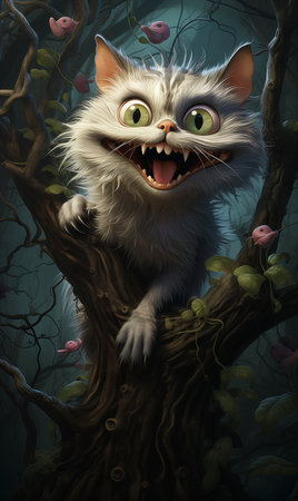 white kitty cat kitten green eyes sitting tree maniac look cheshire laughing maniacally talented mobile grinning, generative aiの素材