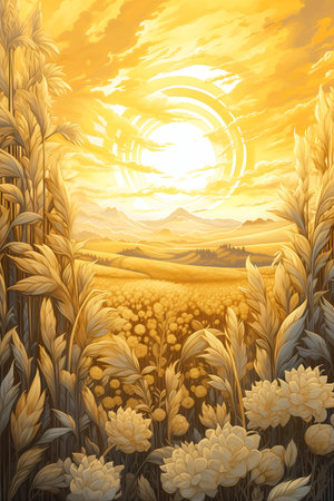 field wheat sunset background golden white robes wood carved relief forgotten realms sunflowers frequency princess album cover backdrop window sunny amber morning light furry trance  field sunset, generative aiの素材