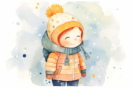 little girl wearing winter coat hat smiling attractive colored drawing orange color depths joy ice, generative aiの素材