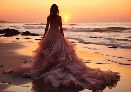 woman dress beach sunset dreamy strapless princess airy far away looking out pink ocean one thousand years longing emotional expressive river island extravagant, generative aiの素材