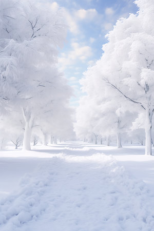 snowy trees line path park snow ground soft lighting album cover avatar gradient white silver dreamland gleaming gallery cold breath partly sunny full dormant, generative aiの素材