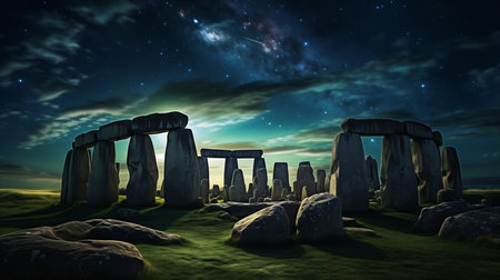 field starry sky architectural digest druid monuments panoramic imagery earth, generative aiの素材