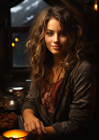 woman sitting table candle front curly blonde hair angry gorgeous druid inside tavern flirty princess serving fries wildly attractive thy, generative aiの素材
