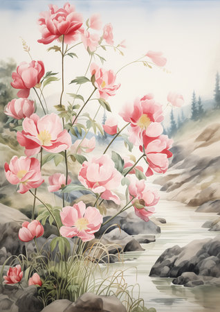river pink flowers rocks foreground illusion hidden long petals prison background anemones illustration song, generative aiの素材